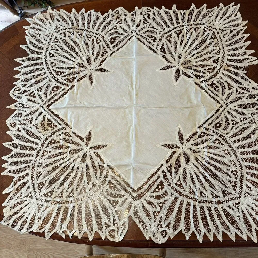Antique Square Battenburg Lace Table Cloth 42” Square Hand Stitches